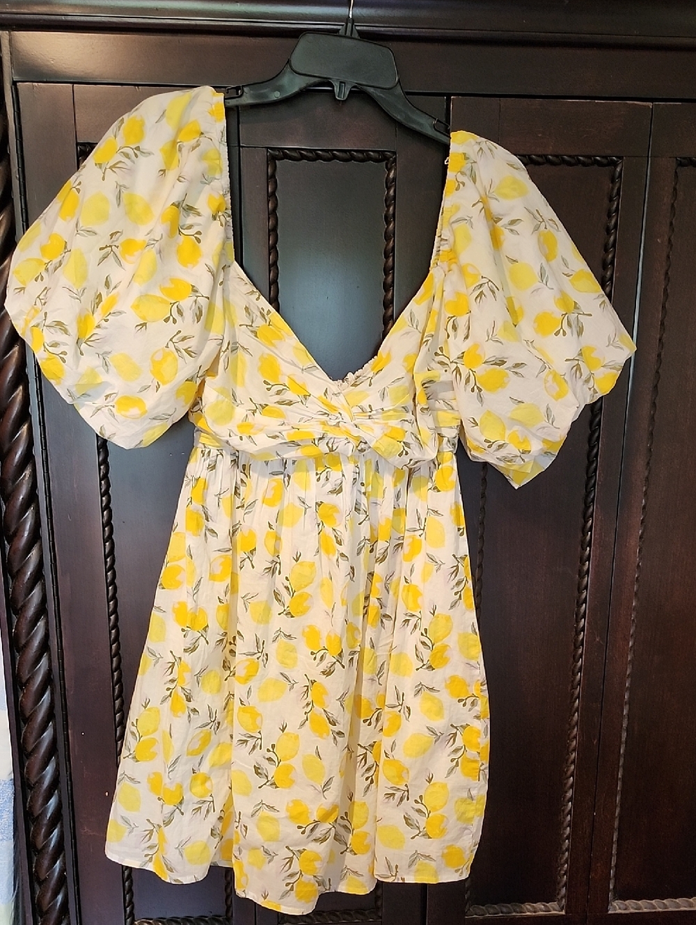 Altar'd State Yellow Lemon Print Puff Sleeve Mini Dress